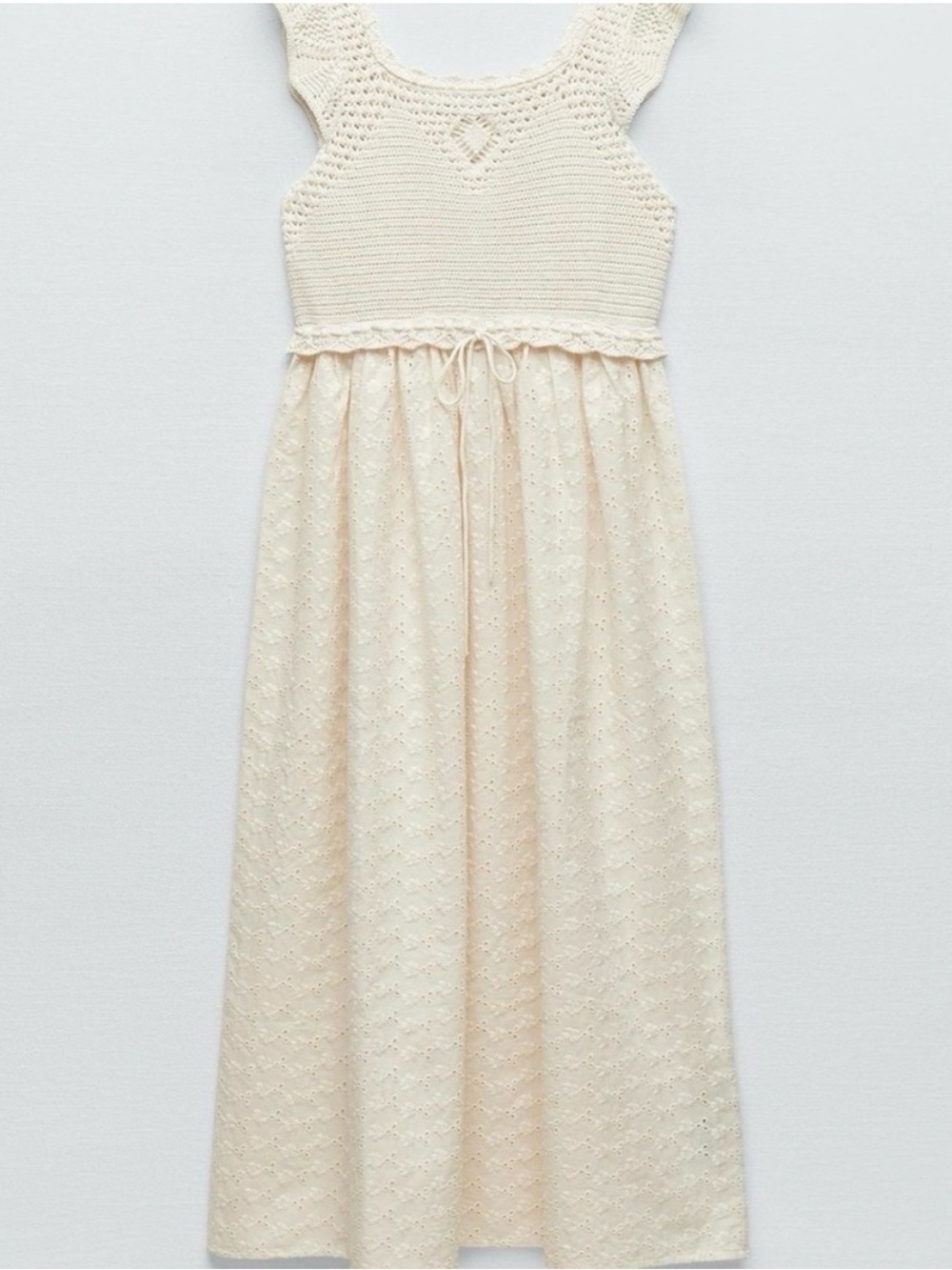 Zara Crochet Eyelet Midi Dress Cream XS Beachy Boho Cottagecore Vacay Hippie - Picture 3 of 9